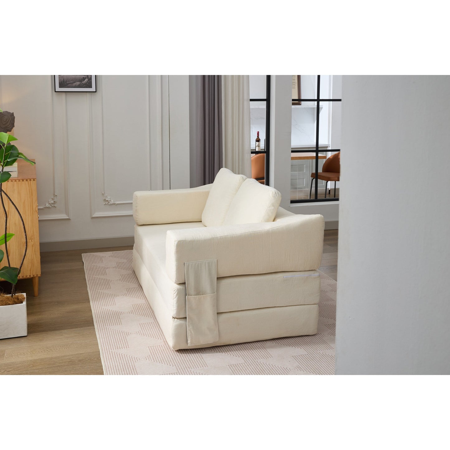 White Modern Minimalist 70.87 Chenille Loveseat Convertible Fold-Out Floor Sofa Bed with Removable Backrest for Living Room