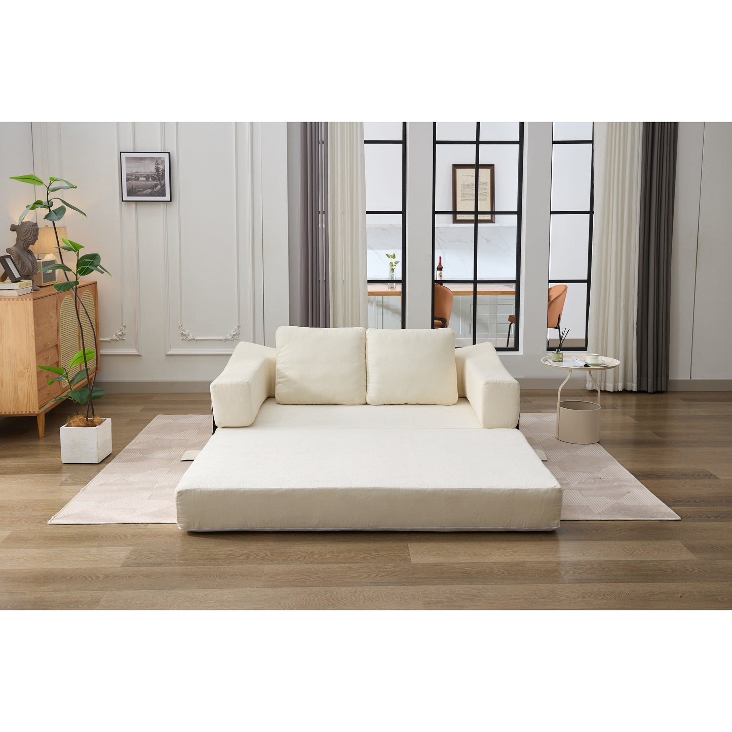 White Modern Minimalist 70.87 Chenille Loveseat Convertible Fold-Out Floor Sofa Bed with Removable Backrest for Living Room