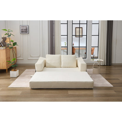 White Modern Minimalist 70.87 Chenille Loveseat Convertible Fold-Out Floor Sofa Bed with Removable Backrest for Living Room