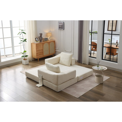 White Modern Minimalist 70.87 Chenille Loveseat Convertible Fold-Out Floor Sofa Bed with Removable Backrest for Living Room