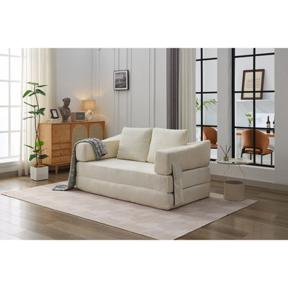 White Modern Minimalist 70.87 Chenille Loveseat Convertible Fold-Out Floor Sofa Bed with Removable Backrest for Living Room