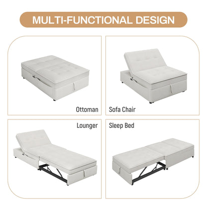 Weißes multifunktionales 72,5 4-in-1-Ottoman-Schlafsofa aus Leinen mit Aufbewahrungstasche und USB-Anschluss für das Wohnzimmer