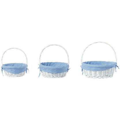 Weißer, runder Geschenkkorb aus Weide mit Gingham-Innenfutter und Griff