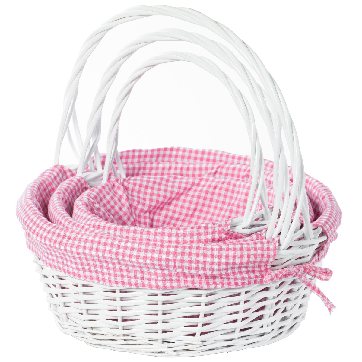 Weißer, runder Geschenkkorb aus Weide mit Gingham-Innenfutter und Griff