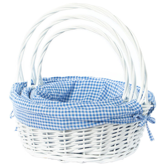 Weißer, runder Geschenkkorb aus Weide mit Gingham-Innenfutter und Griff
