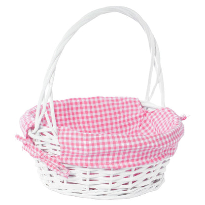 Weißer, runder Geschenkkorb aus Weide mit Gingham-Innenfutter und Griff