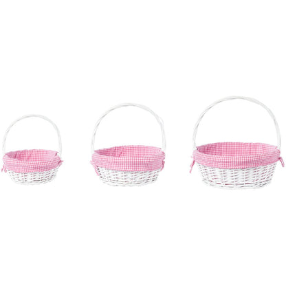 Weißer, runder Geschenkkorb aus Weide mit Gingham-Innenfutter und Griff