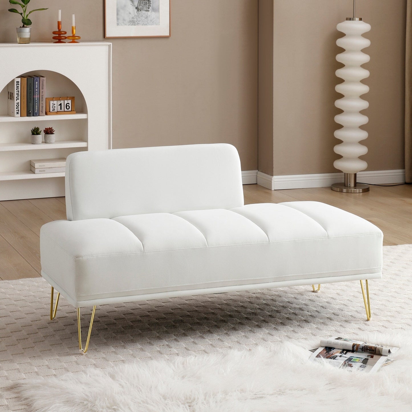 White Upholstered Loveseat Bench with Gold Legs