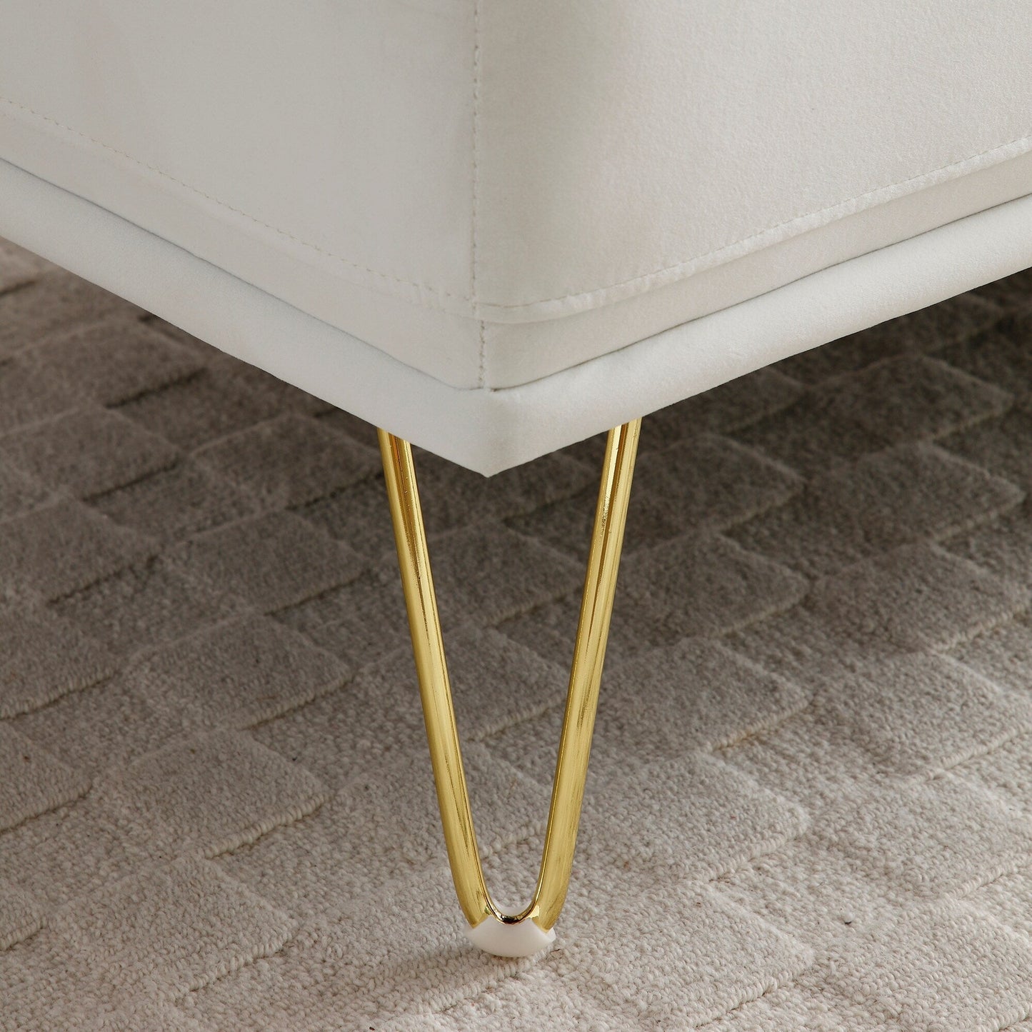 White Upholstered Loveseat Bench with Gold Legs