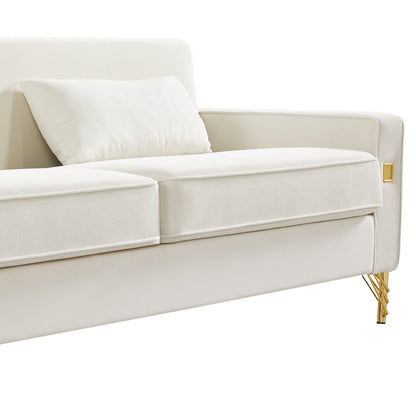 White Velvet Upholstered Loveseat Sofa with Gold Legs