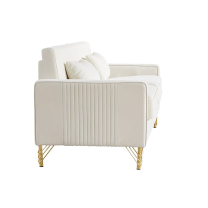 White Velvet Upholstered Loveseat Sofa with Gold Legs
