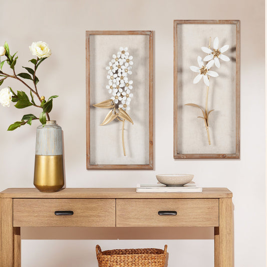 Wanddekoration mit Blumenstrauß aus Metall in Weiß und Gold, Holzrahmen (2er-Set)