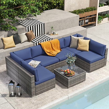 7-teiliges gepolstertes Outdoor-Sofa-Set aus Korbgeflecht/Stahl