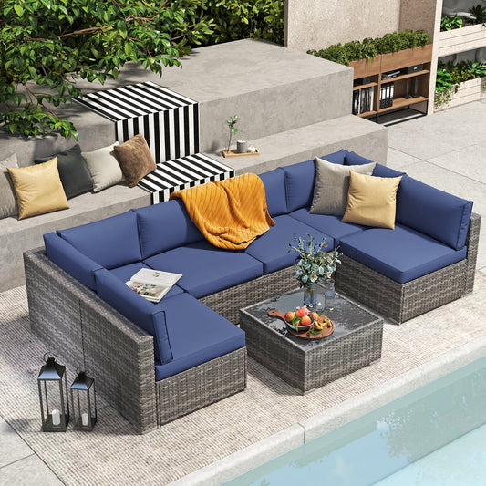7-teiliges gepolstertes Outdoor-Sofa-Set aus Korbgeflecht/Stahl