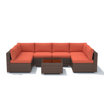 7-teiliges gepolstertes Outdoor-Sofa-Set aus Korbgeflecht/Stahl