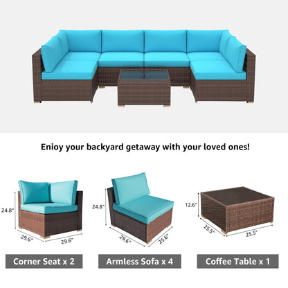 7-teiliges gepolstertes Outdoor-Sofa-Set aus Korbgeflecht/Stahl