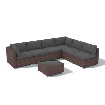 7-teiliges gepolstertes Outdoor-Sofa-Set aus Korbgeflecht/Stahl