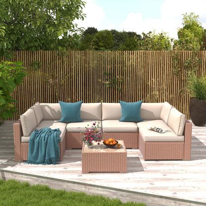 7-teiliges gepolstertes Outdoor-Sofa-Set aus Korbgeflecht/Stahl