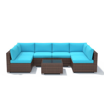 7-teiliges gepolstertes Outdoor-Sofa-Set aus Korbgeflecht/Stahl