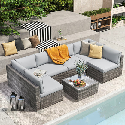 7-teiliges gepolstertes Outdoor-Sofa-Set aus Korbgeflecht/Stahl