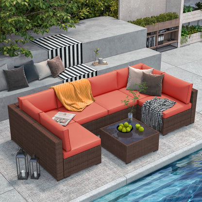 7-teiliges gepolstertes Outdoor-Sofa-Set aus Korbgeflecht/Stahl