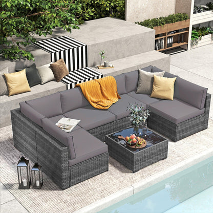7-teiliges gepolstertes Outdoor-Sofa-Set aus Korbgeflecht/Stahl