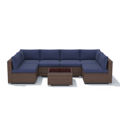 7-teiliges gepolstertes Outdoor-Sofa-Set aus Korbgeflecht/Stahl