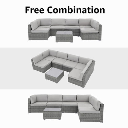 7-teiliges gepolstertes Outdoor-Sofa-Set aus Korbgeflecht/Stahl