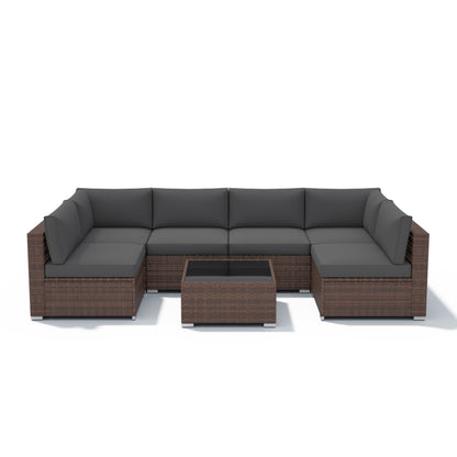 7-teiliges gepolstertes Outdoor-Sofa-Set aus Korbgeflecht/Stahl