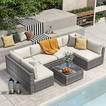 7-teiliges gepolstertes Outdoor-Sofa-Set aus Korbgeflecht/Stahl