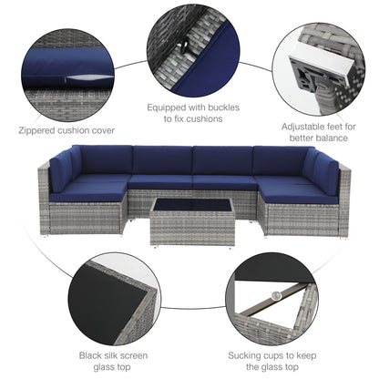 7-teiliges gepolstertes Outdoor-Sofa-Set aus Korbgeflecht/Stahl