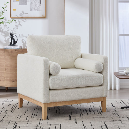 Wide Modern Farmhouse Performance Accent Chair with Natural Wood Legs,Armchair Single Sofa with Two Bolster Pillows