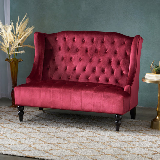 Weinrotes 50,25 Samt-Sofa mit Knopfheftung, hohes Ohrensessel-Sofa mit Holzbeinen für das Wohnzimmer