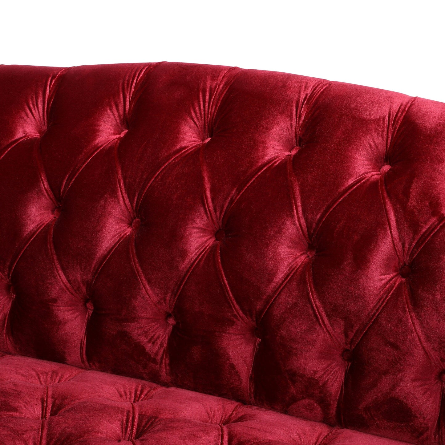 Wine Red Button Tufted 3-seater Sofa with Birch Wood Legs