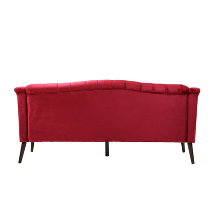 Wine Red Button Tufted 3-seater Sofa with Birch Wood Legs