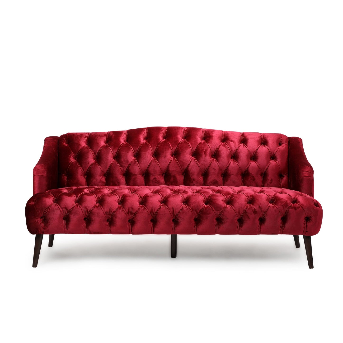 Wine Red Button Tufted 3-seater Sofa with Birch Wood Legs