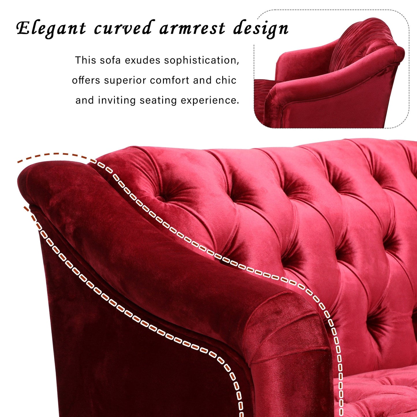 Wine Red Button Tufted 3-seater Sofa with Birch Wood Legs