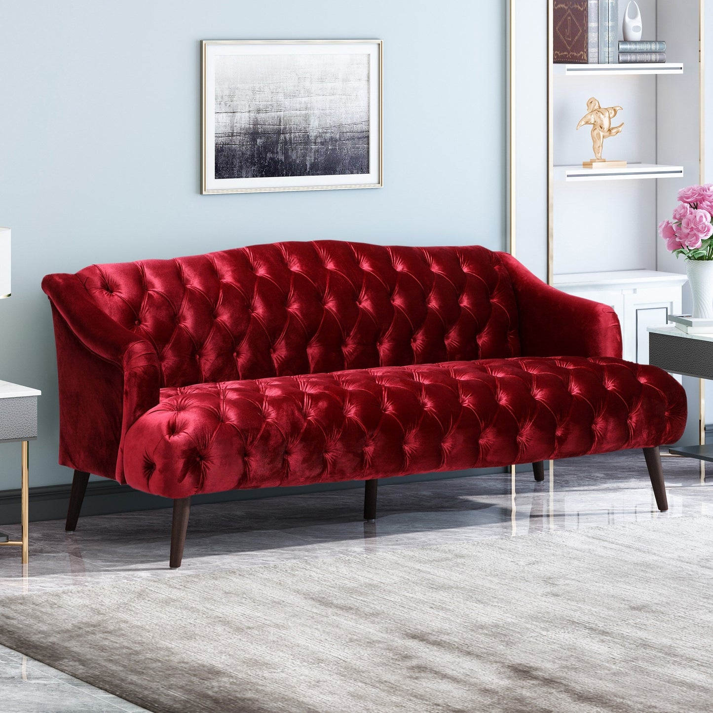 Wine Red Button Tufted 3-seater Sofa with Birch Wood Legs