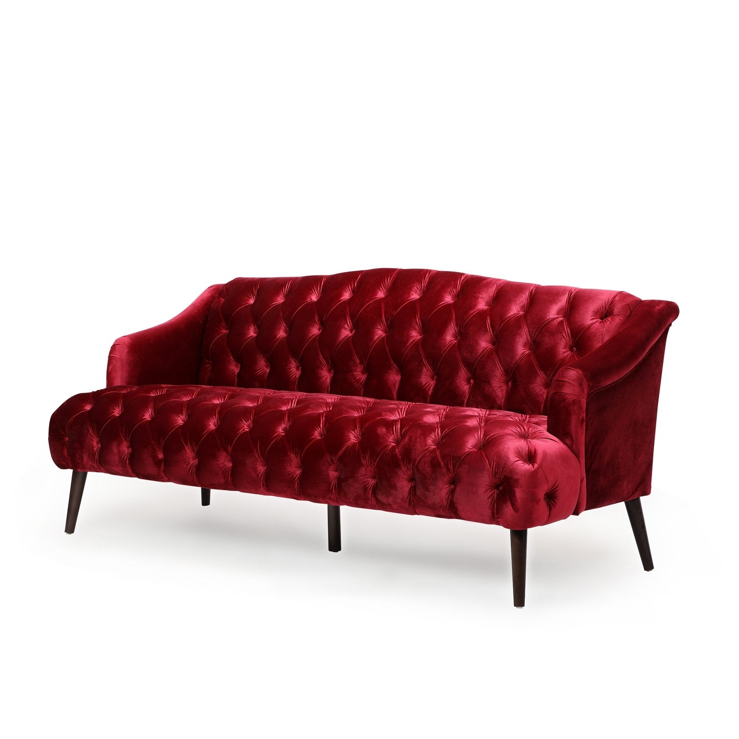 Wine Red Button Tufted 3-seater Sofa with Birch Wood Legs