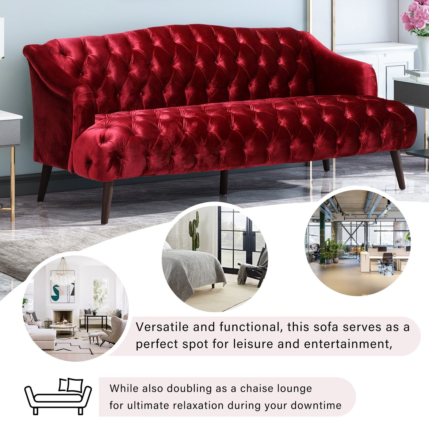 Wine Red Button Tufted 3-seater Sofa with Birch Wood Legs