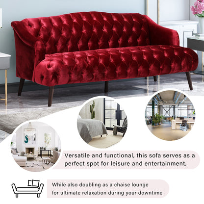 Wine Red Button Tufted 3-seater Sofa with Birch Wood Legs