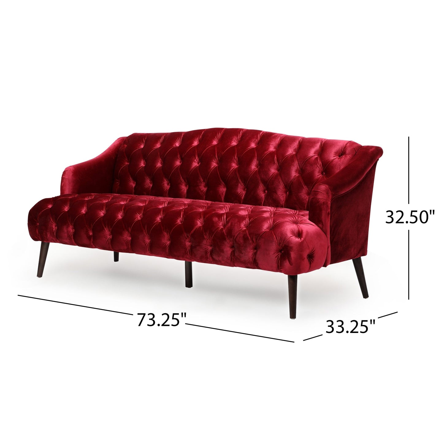 Wine Red Button Tufted 3-seater Sofa with Birch Wood Legs