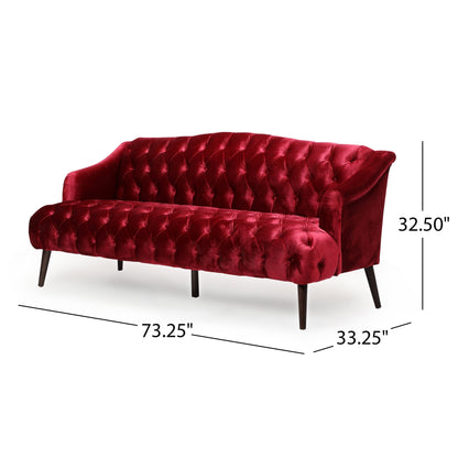 Wine Red Button Tufted 3-seater Sofa with Birch Wood Legs
