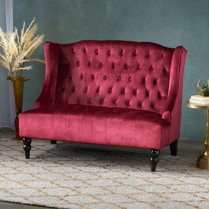 Wine Red Velvet Button Tufted High Wingback Loveseat Sofa