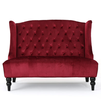 Wine Red Velvet Button Tufted High Wingback Loveseat Sofa