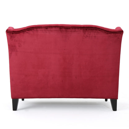 Wine Red Velvet Button Tufted High Wingback Loveseat Sofa