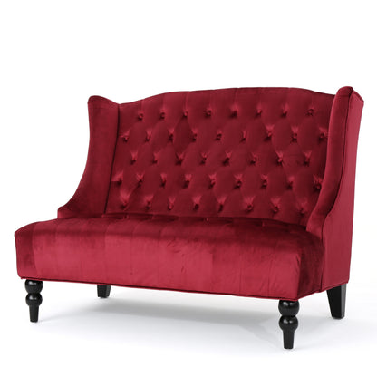 Wine Red Velvet Button Tufted High Wingback Loveseat Sofa