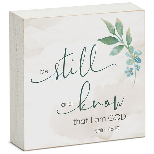 Holzblock-Dekor-Nachricht „Be Still and Know“ – Schild, 9,5 cm im Quadrat, hergestellt in den USA – Multi-40