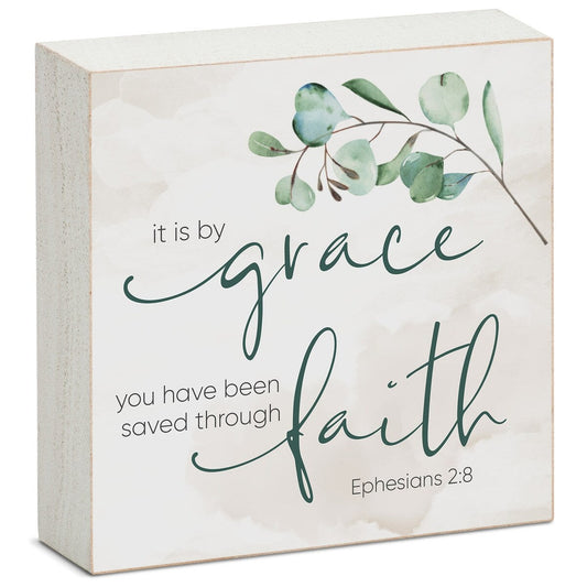 Holzblock-Dekorschild mit Botschaft von Grace Saved Through Faith, 3,75 Zoll im Quadrat, hergestellt in den USA – Multi-38