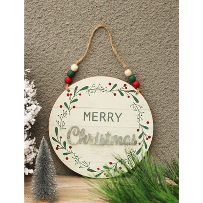 Rundes Wandschild aus Holz und Metall, „Frohe Weihnachten“